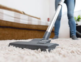A vacuum on thick carpet, with the lower body of the woman using it in the background.