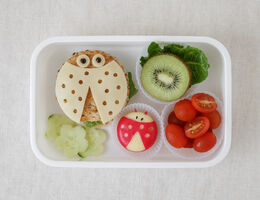 A Tupperware with a cute school lunch in which items are styled with faces.