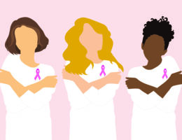 An illustration of three women with pink breast cancer ribbons.
